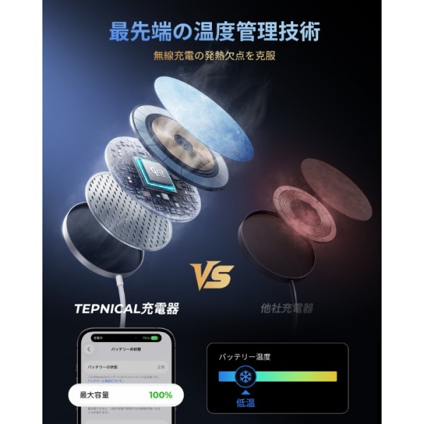 TEPNICAL 充電器 【2026新登場モデル/WPC Qi2.2認証取得/25W 急速充電】マグネット式 ワイヤレス充電器 4.9mm極薄設計 過熱安全保護 対応iPhone17/16シリーズ(iOS 26バージョン以降) 短絡保護機能付き Type-C接続 旅行 自宅 オフィス用